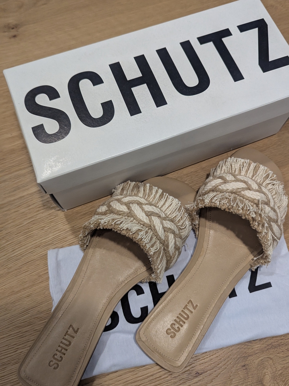 Schutz Women's Beige Braided Fringe Slide Sandals